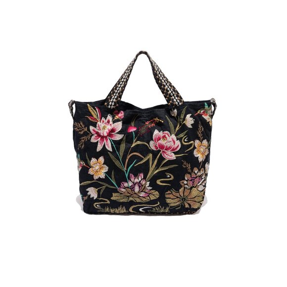 Johnny Was Maisie Linen Tote Bag Animal Floral Embroidery Black Handbag Purse NW - Picture 1 of 9